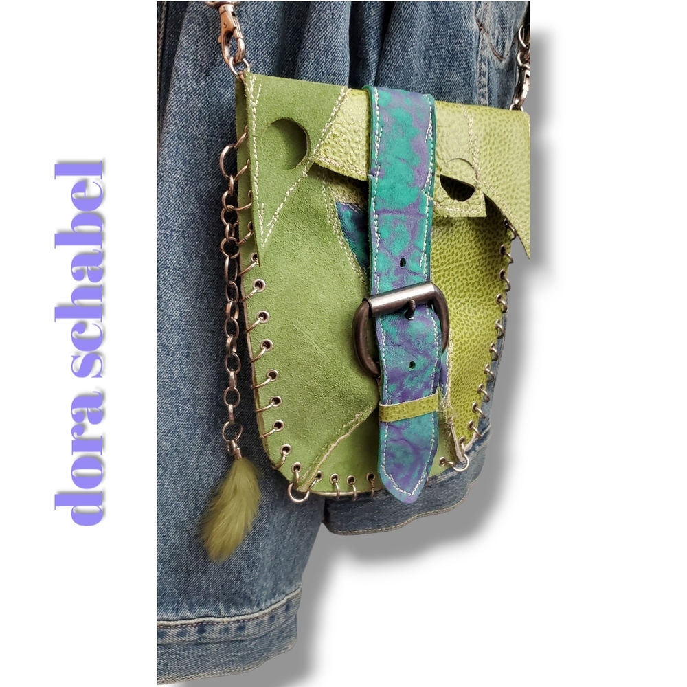 DORA SCHƏBAL Green, Blue,& Purple Leather Crossbody Bag with Wire Embellishment - Picture 3 of 10